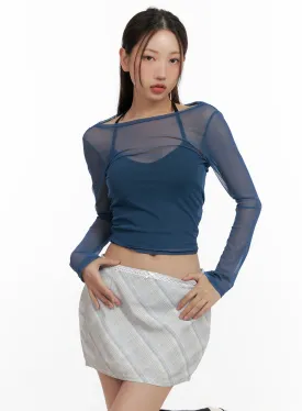 Sheer Boat Neck Long Sleeve Crop Top CL431