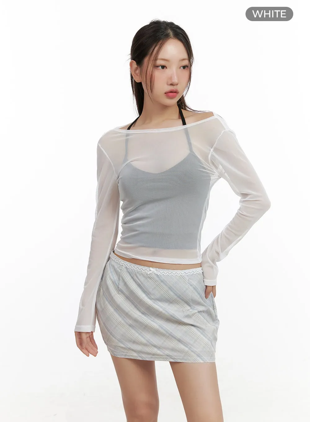 Sheer Boat Neck Long Sleeve Crop Top CL431