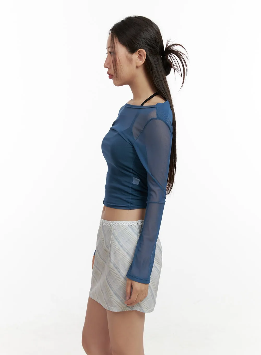 Sheer Boat Neck Long Sleeve Crop Top CL431