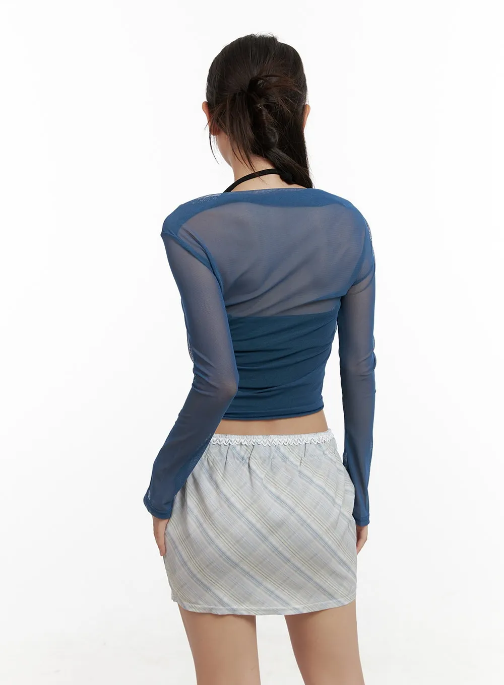 Sheer Boat Neck Long Sleeve Crop Top CL431