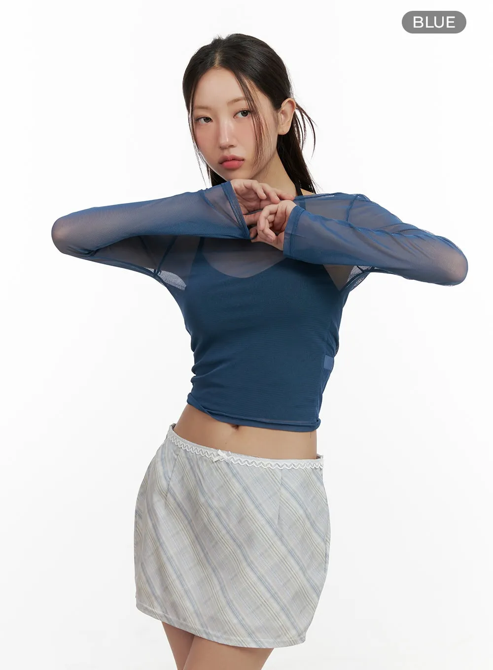 Sheer Boat Neck Long Sleeve Crop Top CL431
