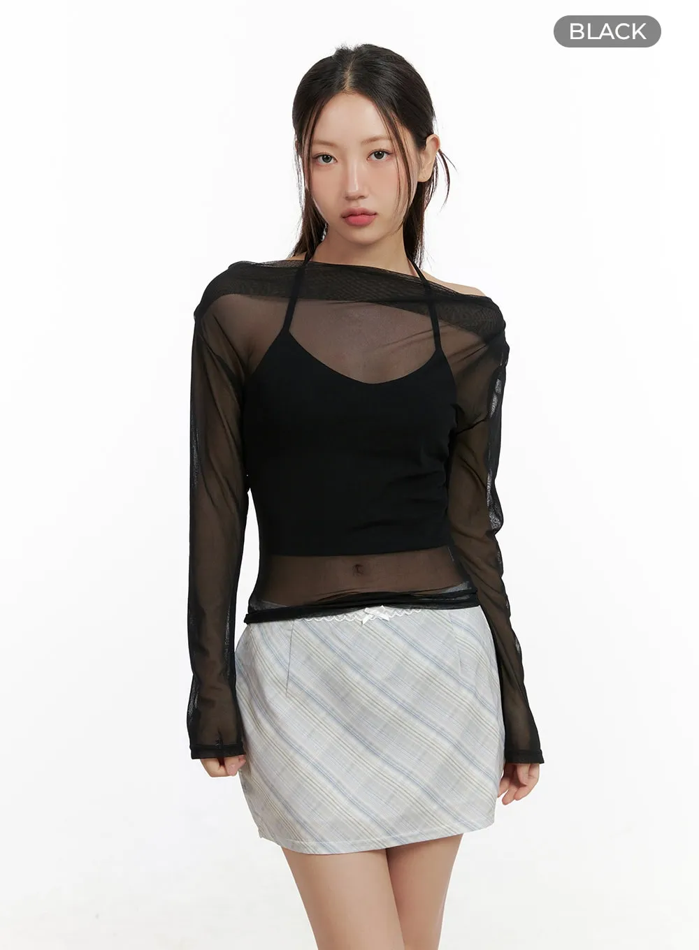Sheer Boat Neck Long Sleeve Crop Top CL431