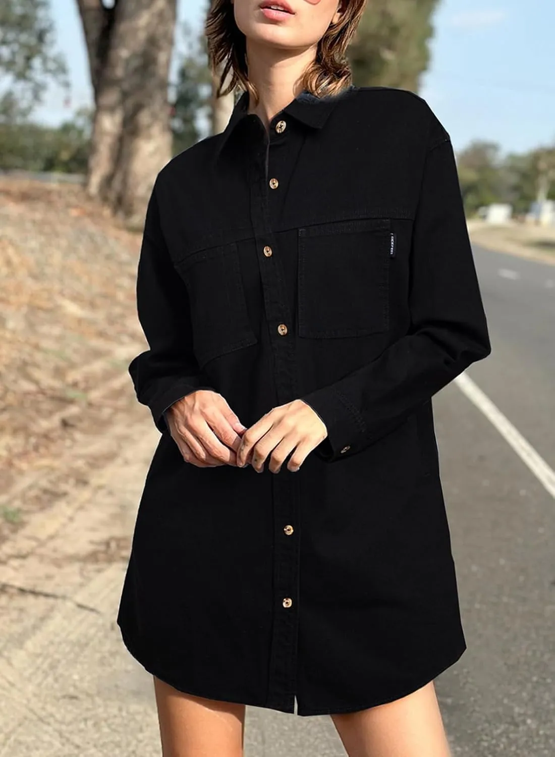 Sidefeel Women's Collared Denim Dress Casual Long Sleeve Button Down Jean Shirt Dresses with Pockets