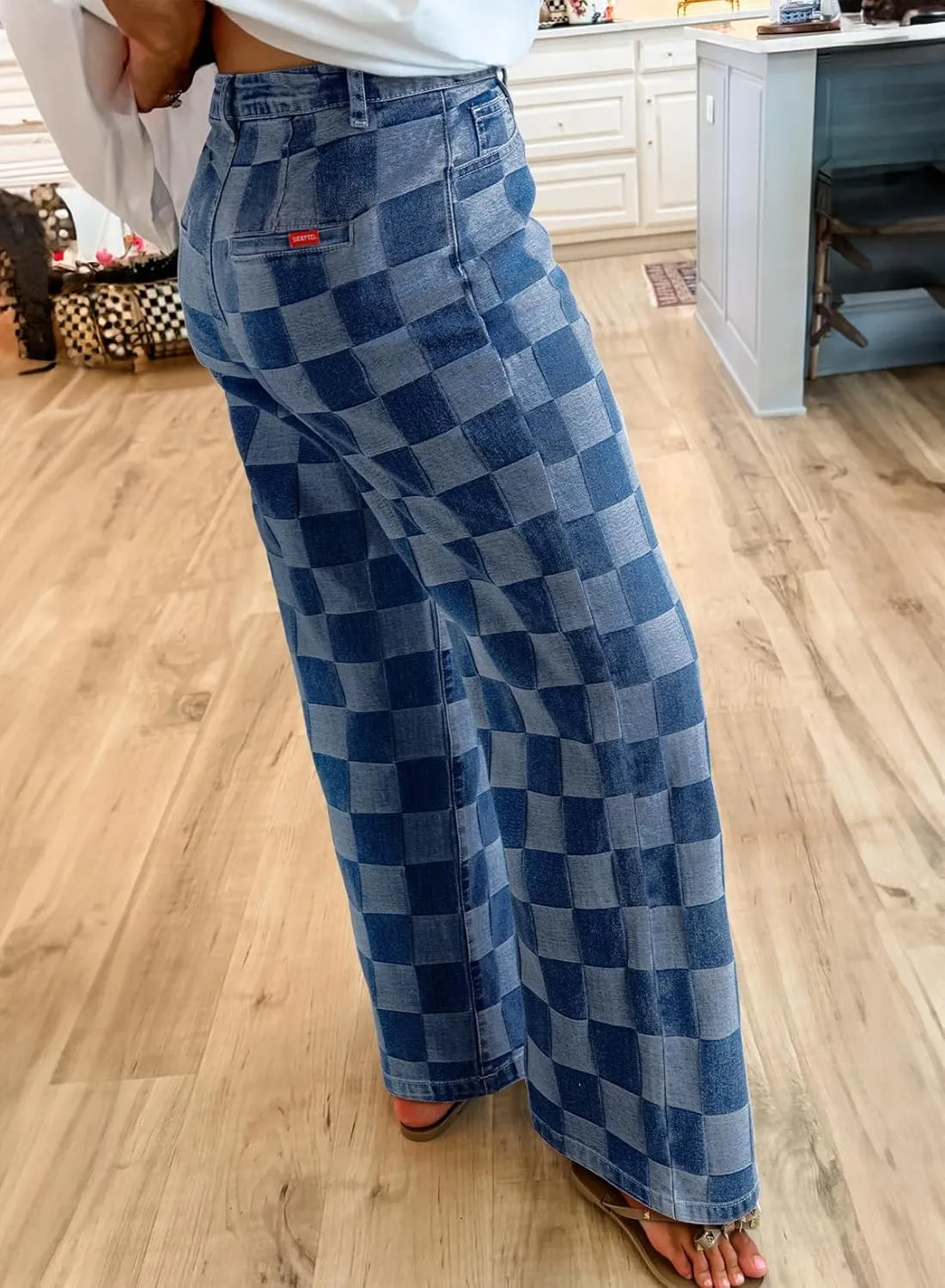Sidefeel Women's Wide Leg Jeans High Waisted Stretchy Straight Leg Checkered Loose Denim Pants