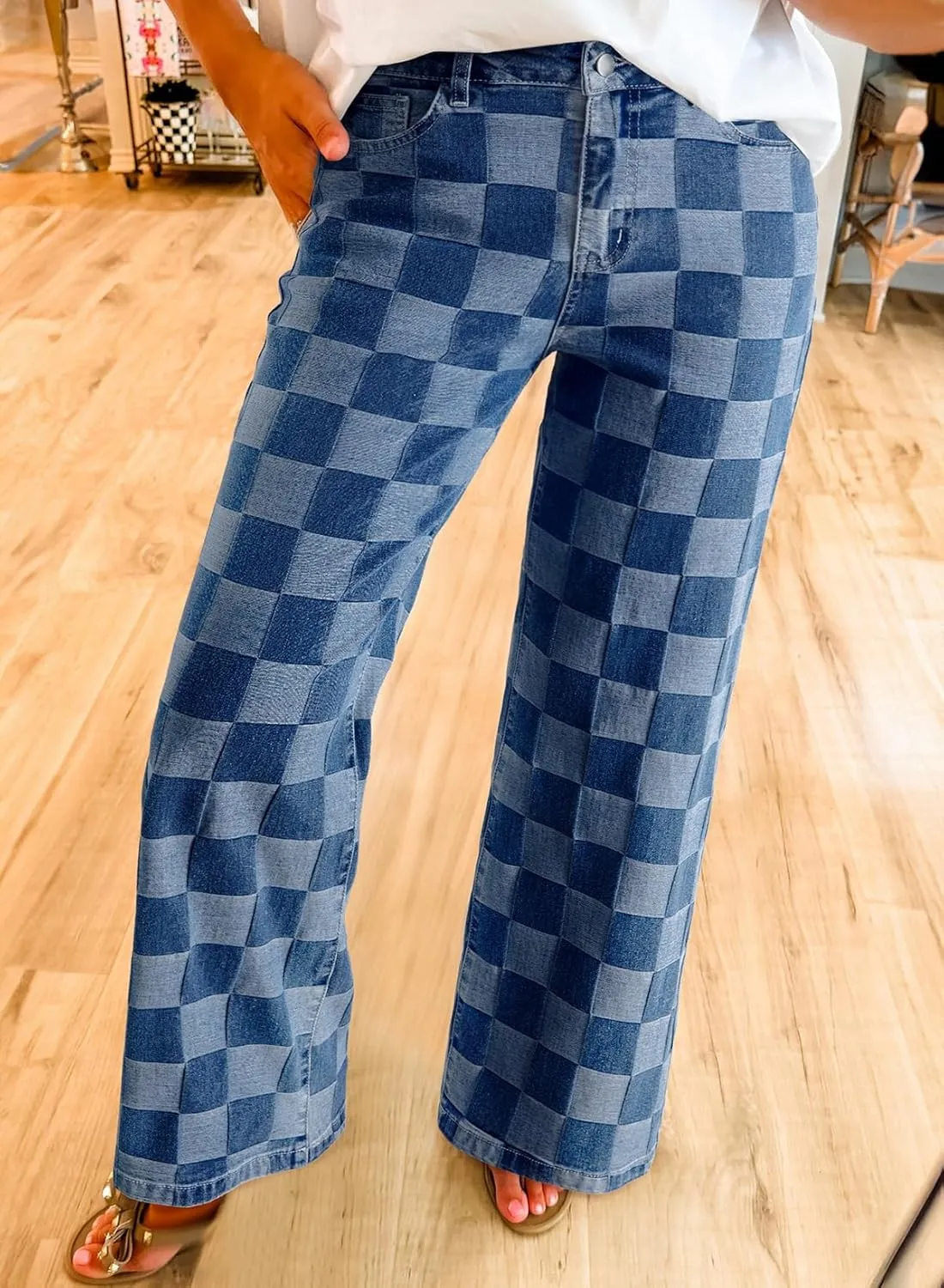 Sidefeel Women's Wide Leg Jeans High Waisted Stretchy Straight Leg Checkered Loose Denim Pants