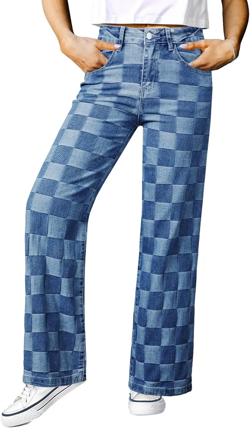 Sidefeel Women's Wide Leg Jeans High Waisted Stretchy Straight Leg Checkered Loose Denim Pants