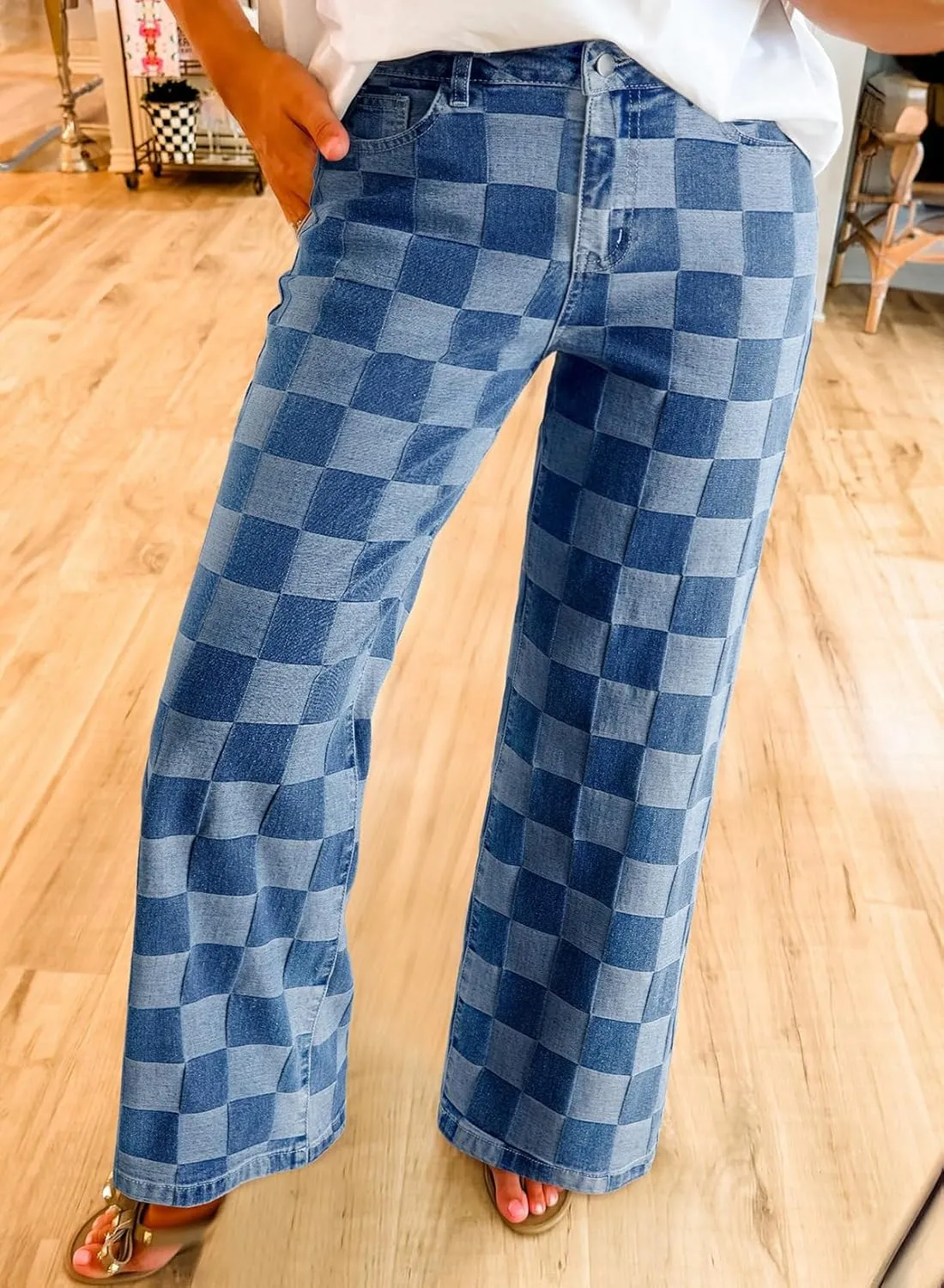 Sidefeel Women's Wide Leg Jeans High Waisted Stretchy Straight Leg Checkered Loose Denim Pants