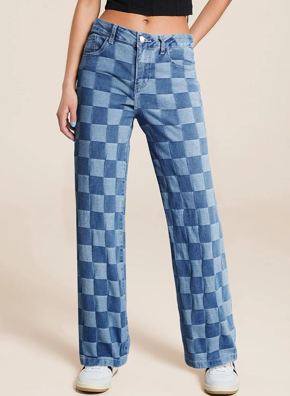 Sidefeel Women's Wide Leg Jeans High Waisted Stretchy Straight Leg Checkered Loose Denim Pants