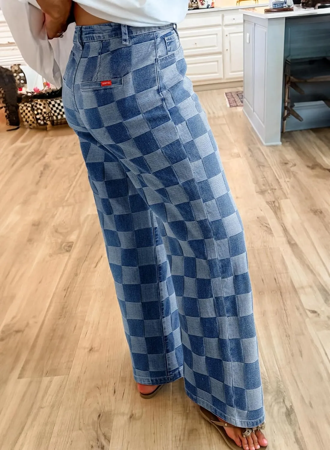 Sidefeel Women's Wide Leg Jeans High Waisted Stretchy Straight Leg Checkered Loose Denim Pants