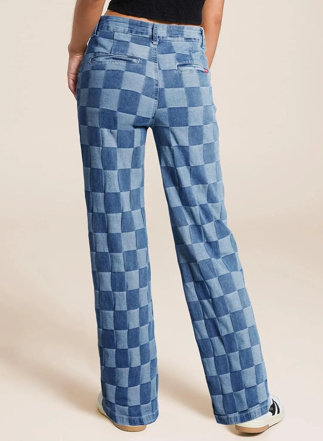 Sidefeel Women's Wide Leg Jeans High Waisted Stretchy Straight Leg Checkered Loose Denim Pants