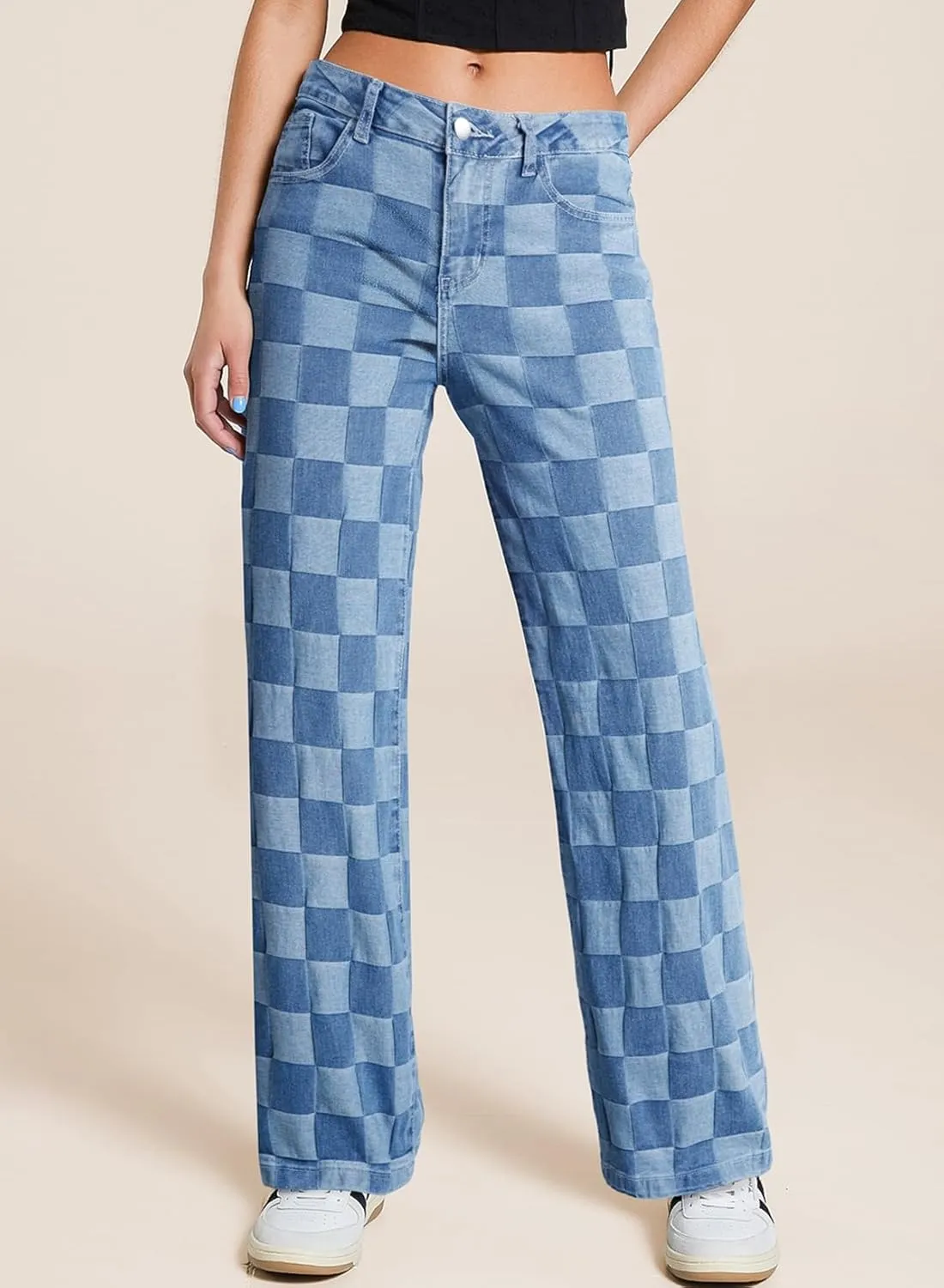 Sidefeel Women's Wide Leg Jeans High Waisted Stretchy Straight Leg Checkered Loose Denim Pants