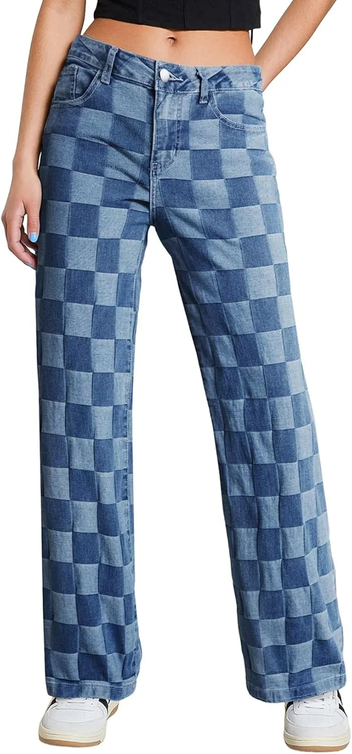 Sidefeel Women's Wide Leg Jeans High Waisted Stretchy Straight Leg Checkered Loose Denim Pants