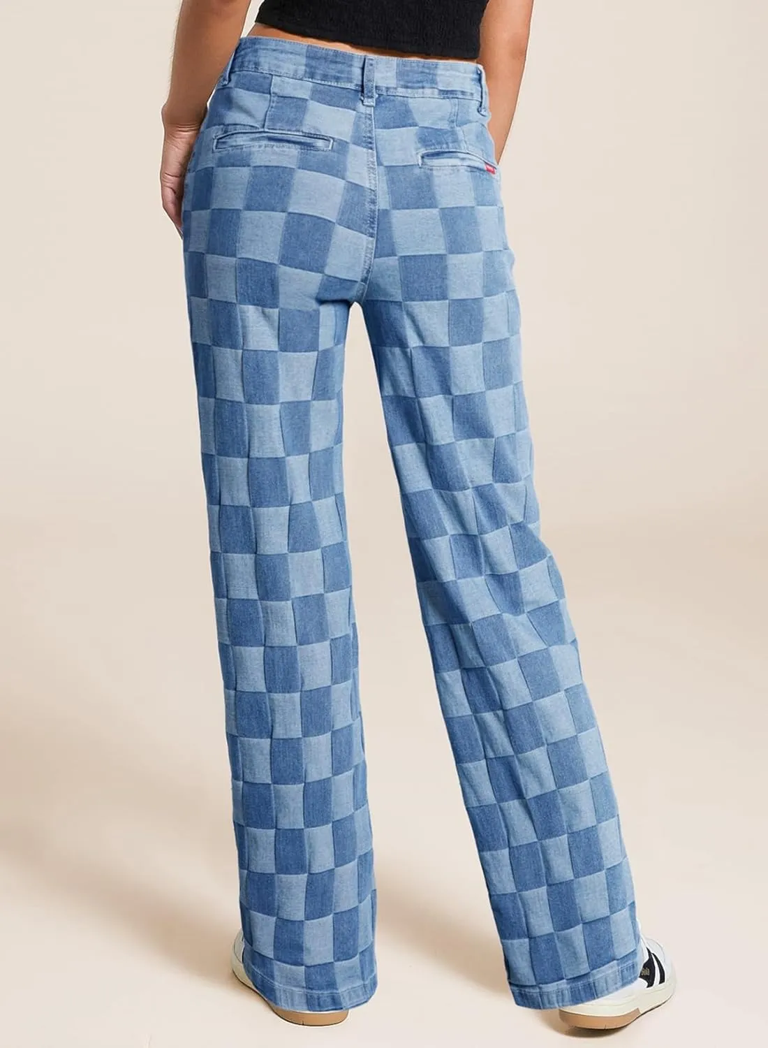 Sidefeel Women's Wide Leg Jeans High Waisted Stretchy Straight Leg Checkered Loose Denim Pants