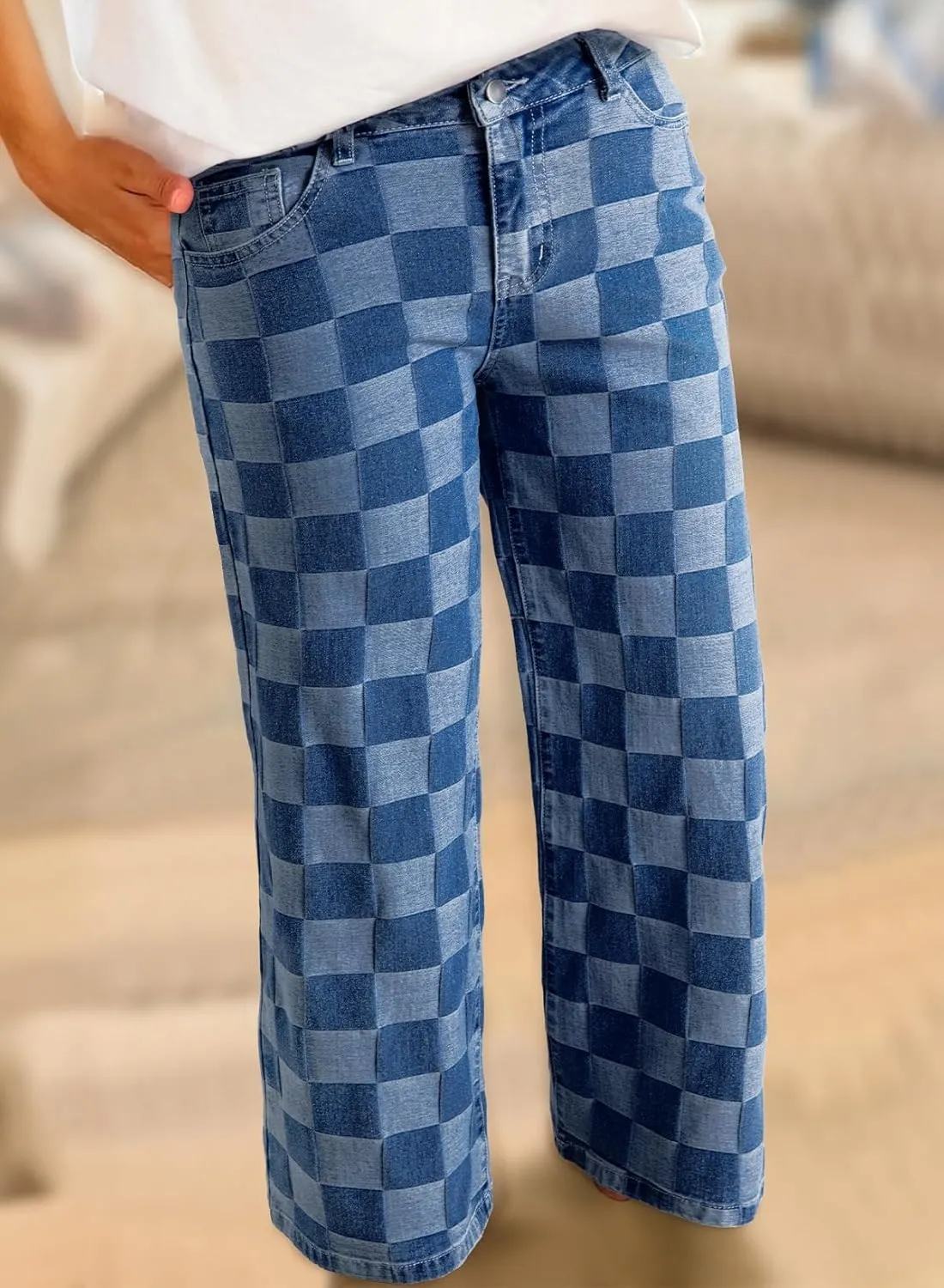 Sidefeel Women's Wide Leg Jeans High Waisted Stretchy Straight Leg Checkered Loose Denim Pants