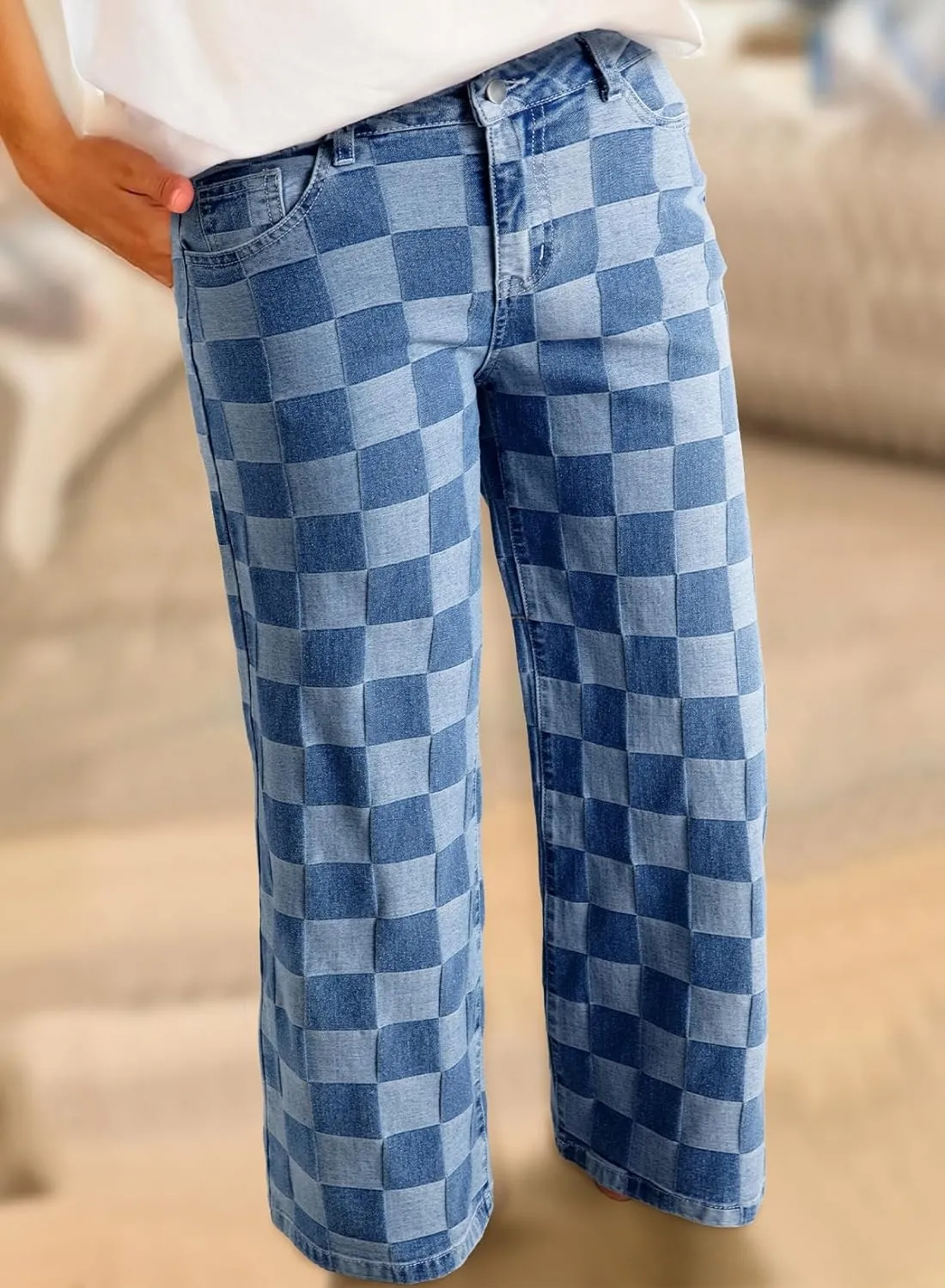 Sidefeel Women's Wide Leg Jeans High Waisted Stretchy Straight Leg Checkered Loose Denim Pants