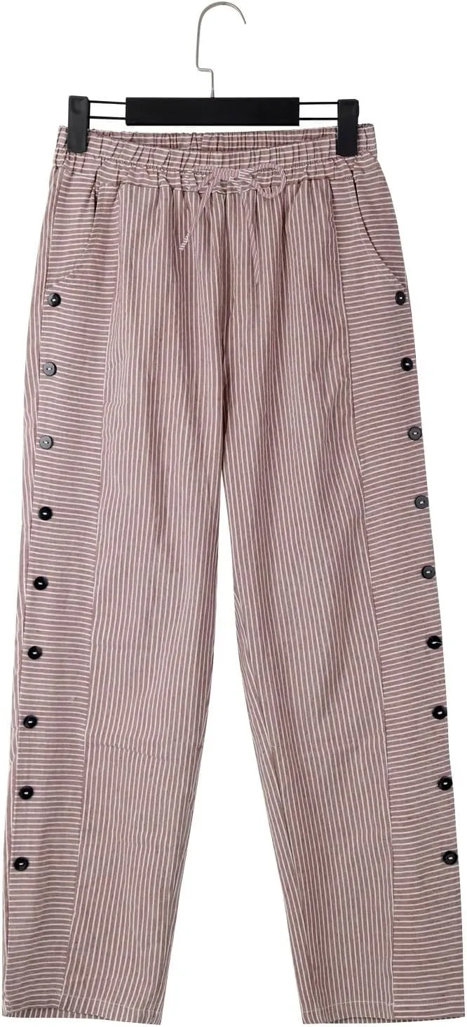 Striped Linen Pants for Women 2025 Summer High Waist Elastic Pants Comfy Side Button Trousers with Pockets