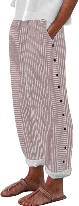 Striped Linen Pants for Women 2025 Summer High Waist Elastic Pants Comfy Side Button Trousers with Pockets