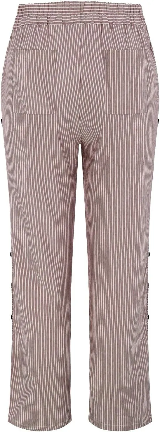 Striped Linen Pants for Women 2025 Summer High Waist Elastic Pants Comfy Side Button Trousers with Pockets
