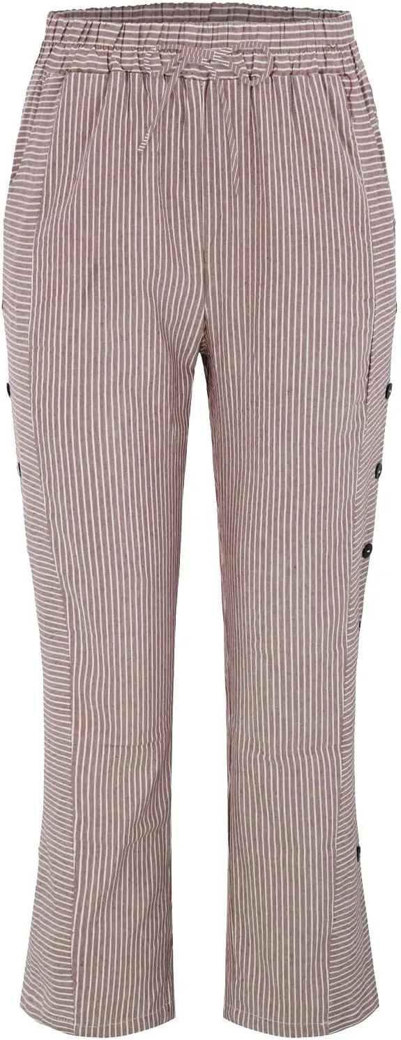 Striped Linen Pants for Women 2025 Summer High Waist Elastic Pants Comfy Side Button Trousers with Pockets