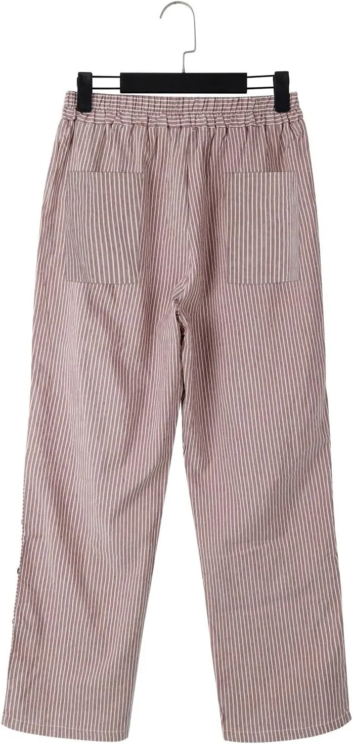 Striped Linen Pants for Women 2025 Summer High Waist Elastic Pants Comfy Side Button Trousers with Pockets