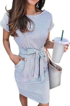 Striped T Shirt Dresses for Women 2025 Comfy Tie Waist Short Sleeve Round Neck Wrap Dress Summer Beach Dress