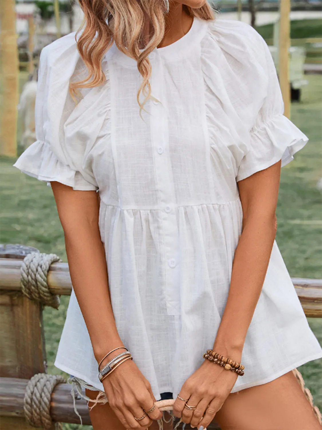 TEEK - White Peplum Round Neck Flounce Sleeve Blouse