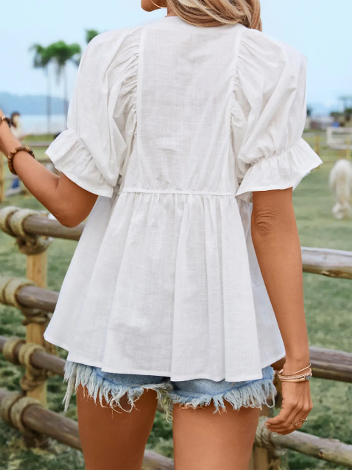 TEEK - White Peplum Round Neck Flounce Sleeve Blouse