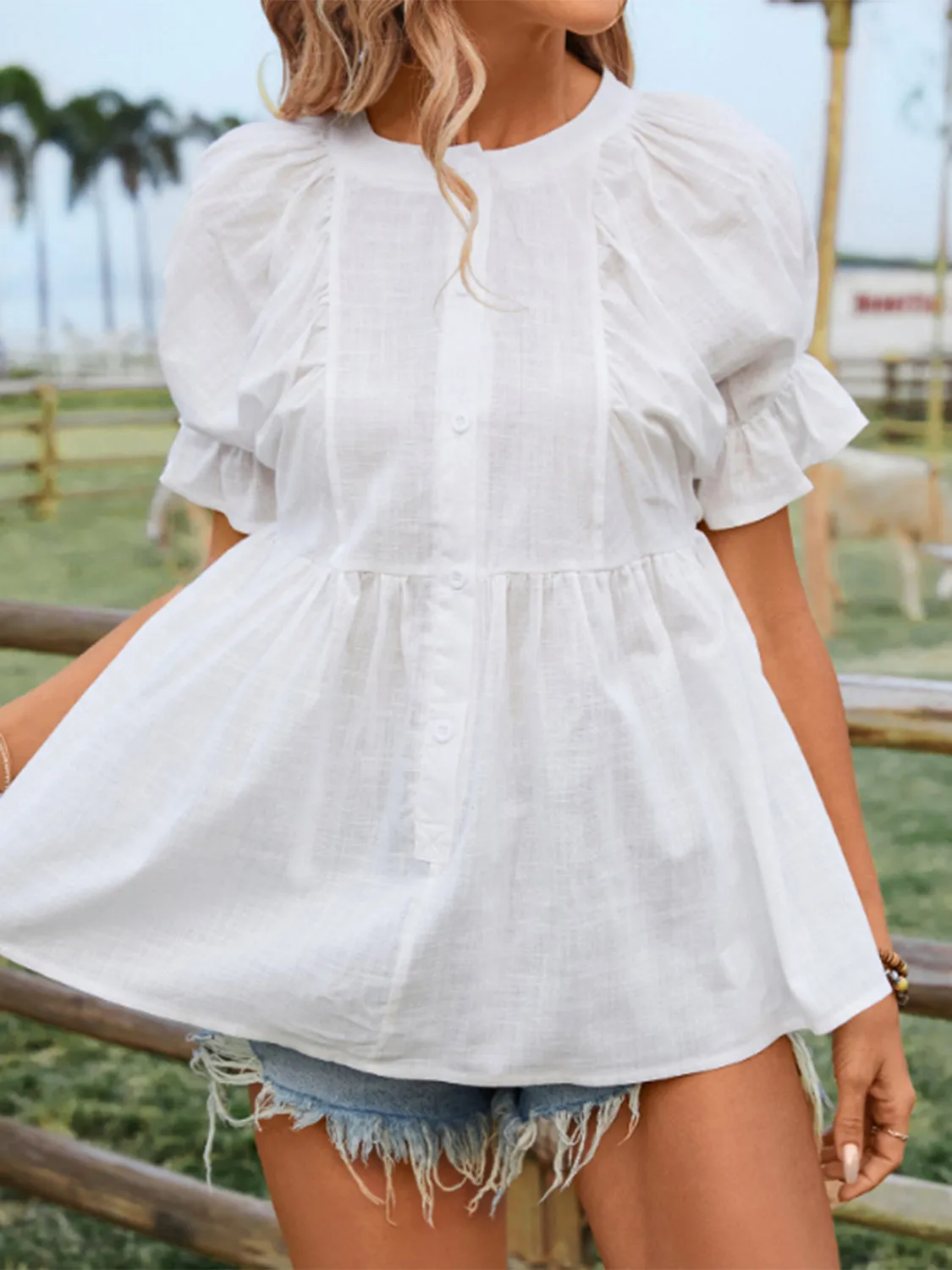 TEEK - White Peplum Round Neck Flounce Sleeve Blouse