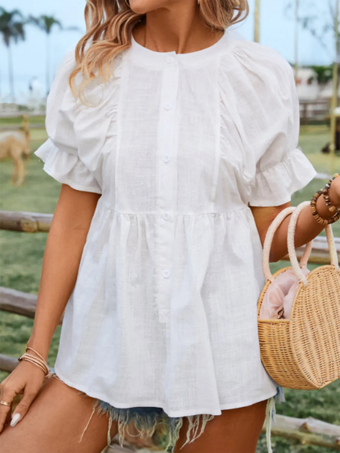 TEEK - White Peplum Round Neck Flounce Sleeve Blouse