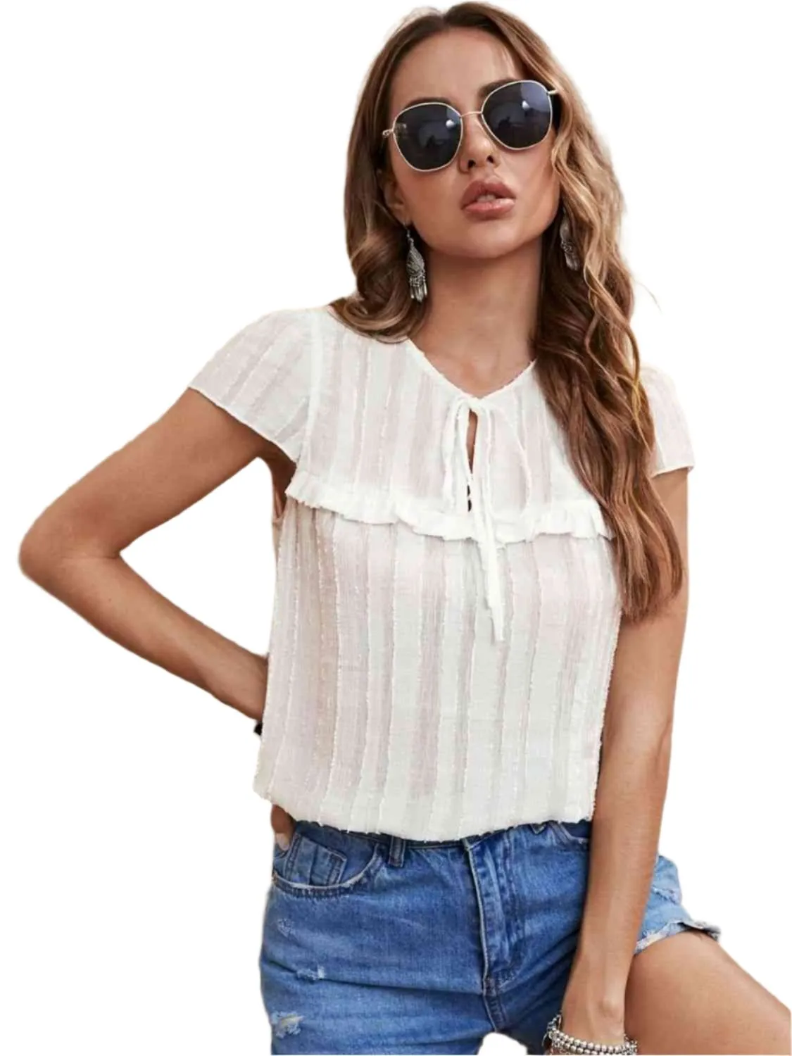TEEK - White Tie Neck Ruffled Short Sleeve Blouse
