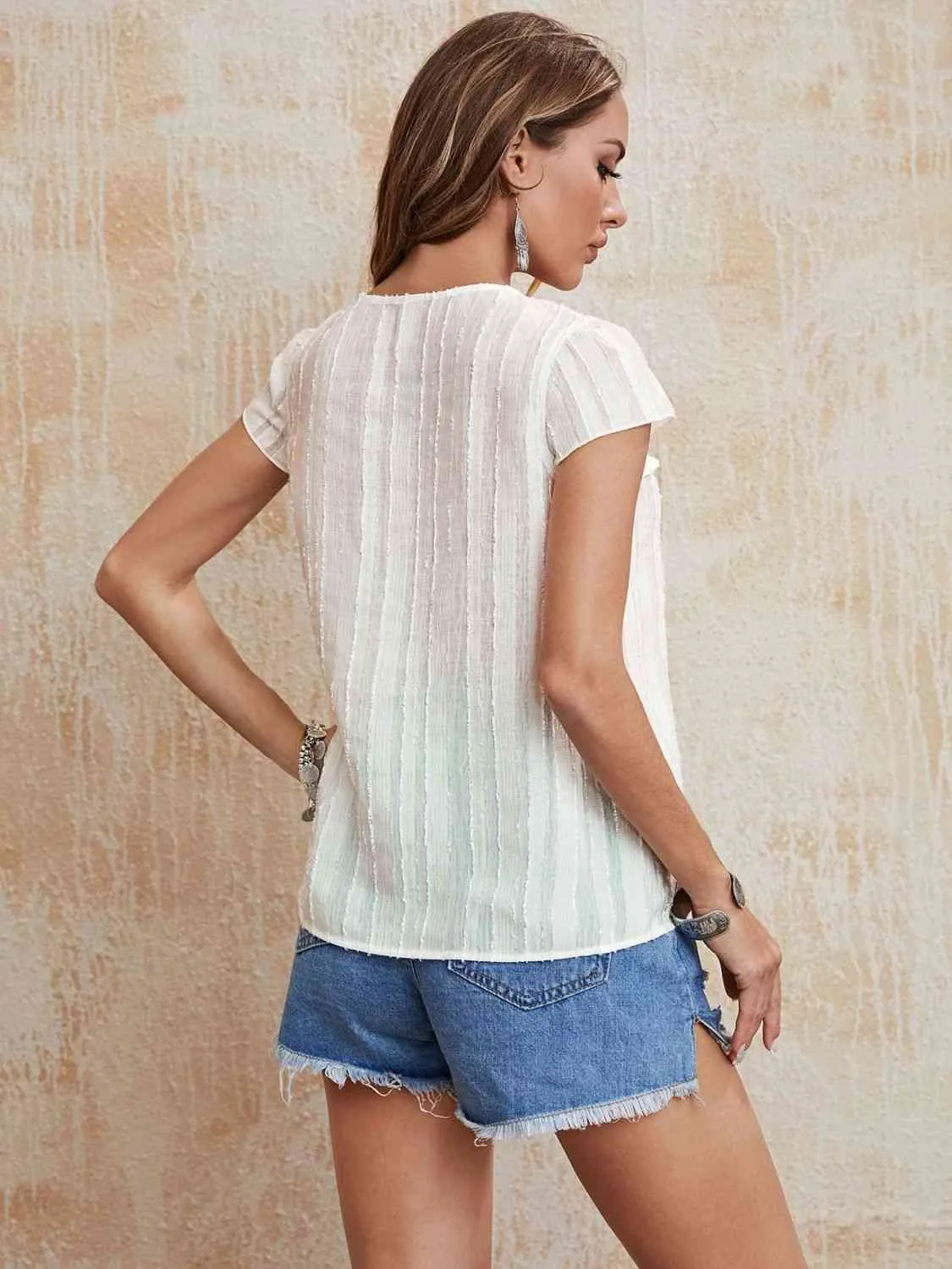 TEEK - White Tie Neck Ruffled Short Sleeve Blouse