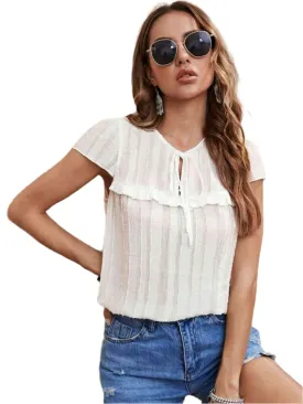 TEEK - White Tie Neck Ruffled Short Sleeve Blouse