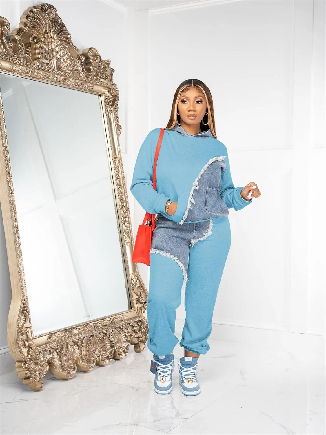 Two Piece Outfits for Women Long Sleeve Casual Hoodie Sweatshirt Pants Set with Pockets Patchwork Denim Sweatsuits