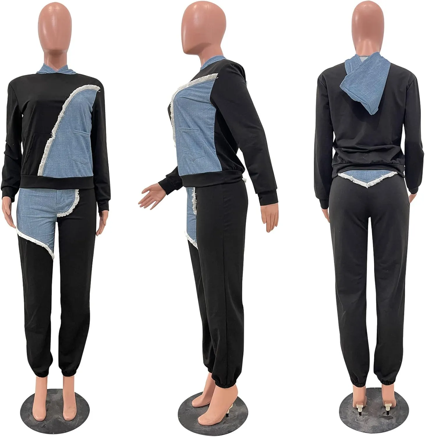 Two Piece Outfits for Women Long Sleeve Casual Hoodie Sweatshirt Pants Set with Pockets Patchwork Denim Sweatsuits