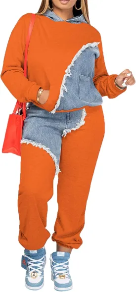 Two Piece Outfits for Women Long Sleeve Casual Hoodie Sweatshirt Pants Set with Pockets Patchwork Denim Sweatsuits