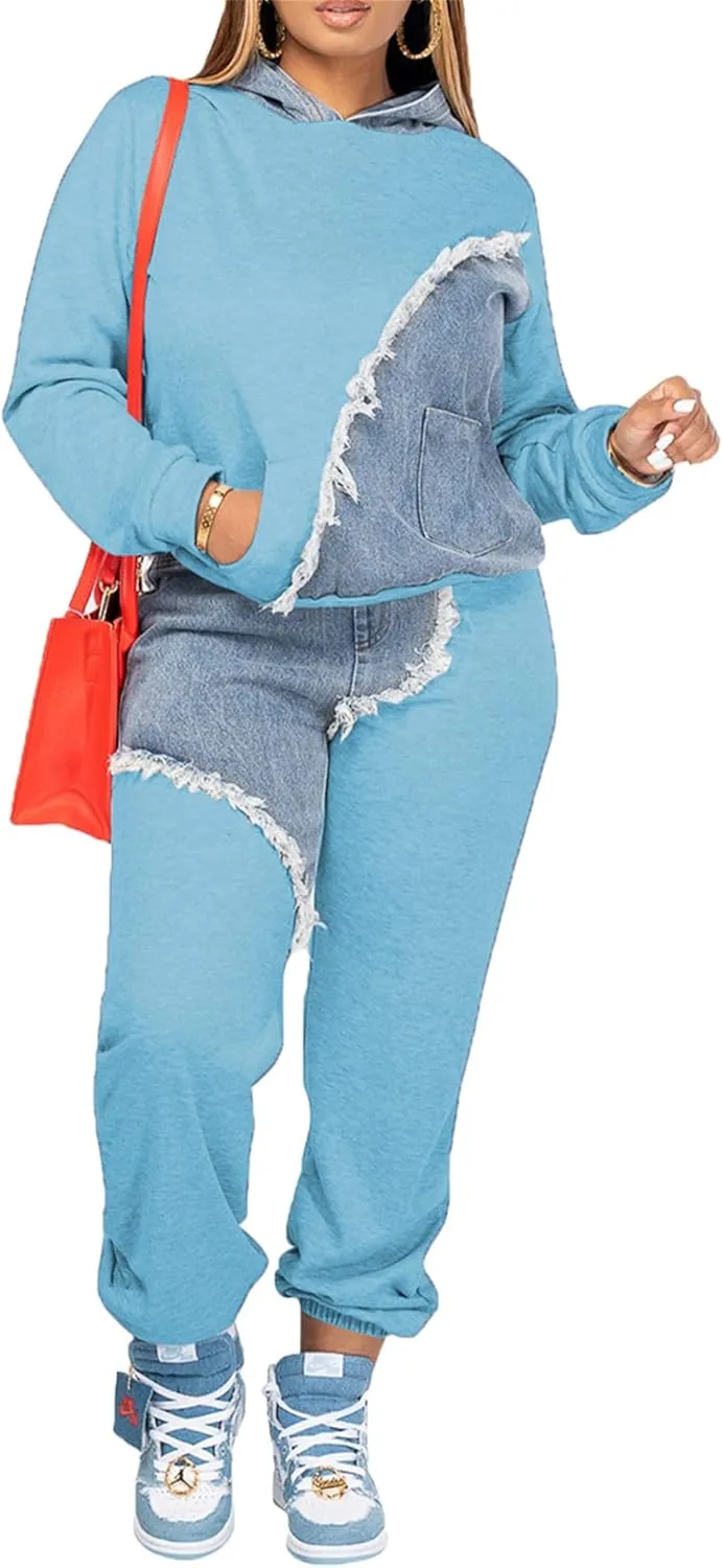 Two Piece Outfits for Women Long Sleeve Casual Hoodie Sweatshirt Pants Set with Pockets Patchwork Denim Sweatsuits