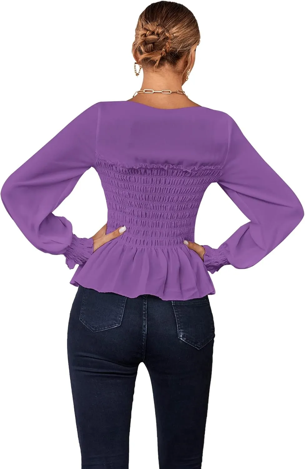 Umenlele Women's Square Neck Ruffle Frill Smocked Long Sleeve Peplum Blouse Top