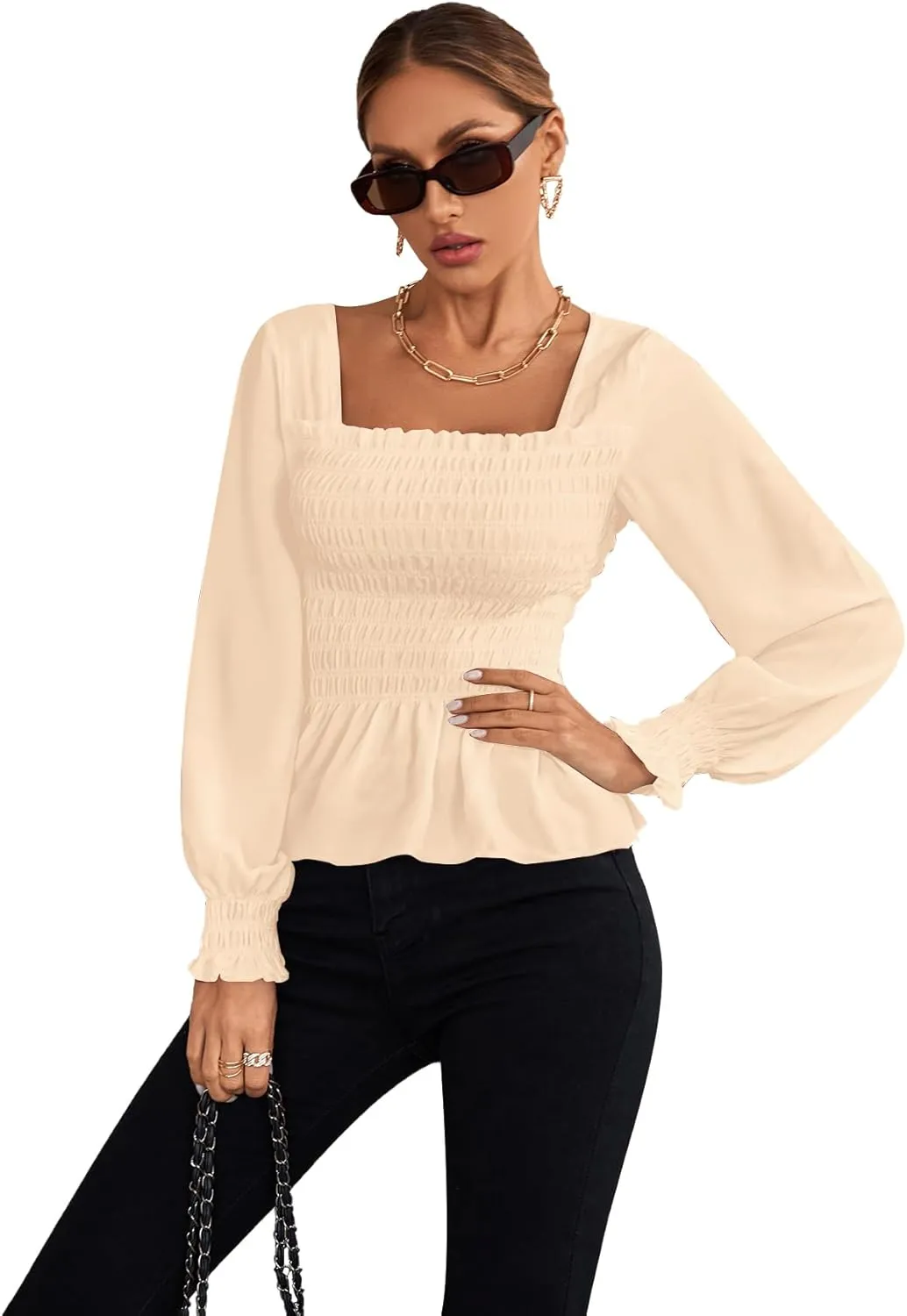 Umenlele Women's Square Neck Ruffle Frill Smocked Long Sleeve Peplum Blouse Top
