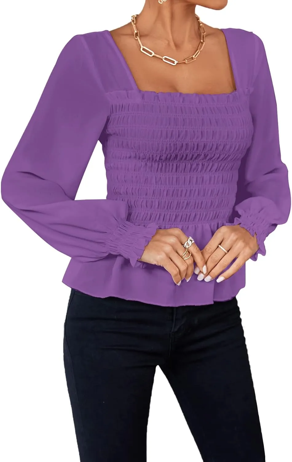 Umenlele Women's Square Neck Ruffle Frill Smocked Long Sleeve Peplum Blouse Top