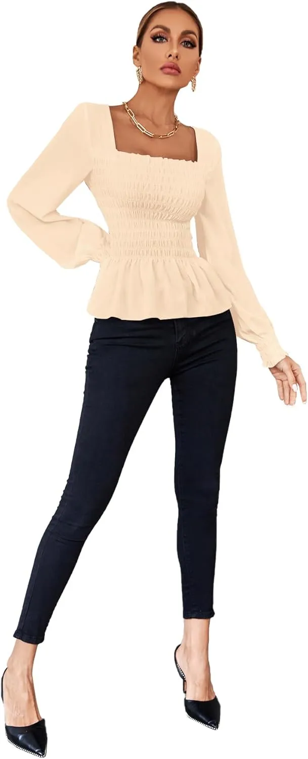 Umenlele Women's Square Neck Ruffle Frill Smocked Long Sleeve Peplum Blouse Top