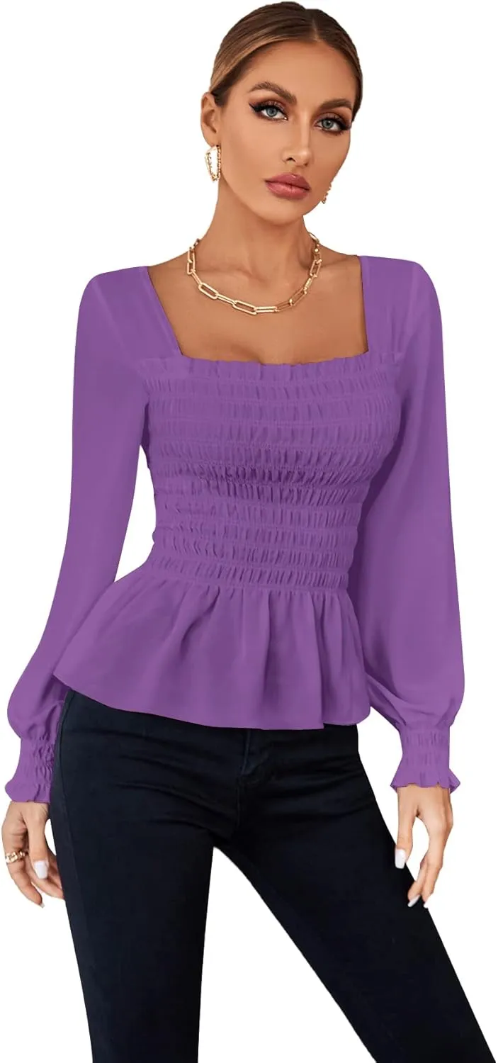 Umenlele Women's Square Neck Ruffle Frill Smocked Long Sleeve Peplum Blouse Top