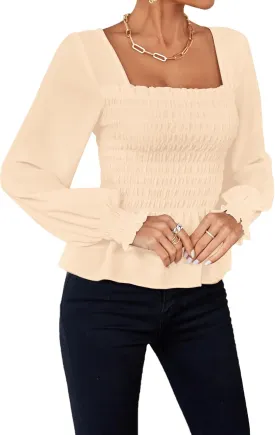 Umenlele Women's Square Neck Ruffle Frill Smocked Long Sleeve Peplum Blouse Top