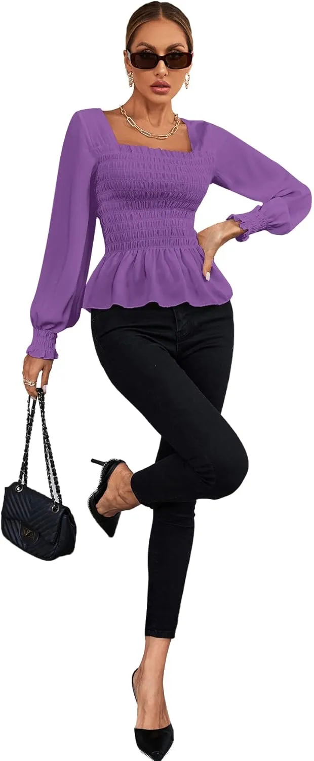 Umenlele Women's Square Neck Ruffle Frill Smocked Long Sleeve Peplum Blouse Top