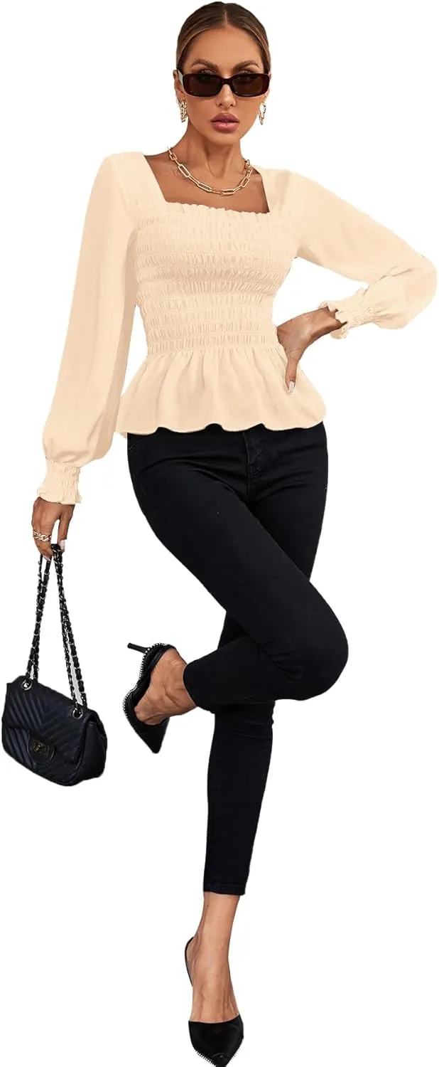 Umenlele Women's Square Neck Ruffle Frill Smocked Long Sleeve Peplum Blouse Top