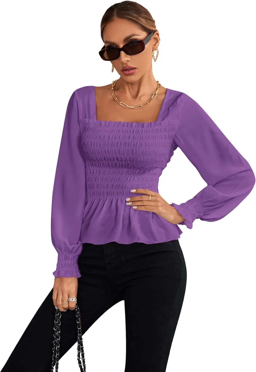 Umenlele Women's Square Neck Ruffle Frill Smocked Long Sleeve Peplum Blouse Top
