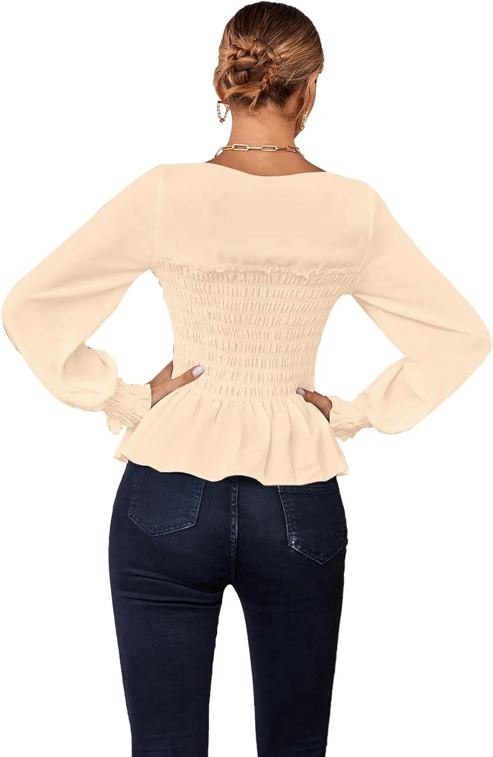 Umenlele Women's Square Neck Ruffle Frill Smocked Long Sleeve Peplum Blouse Top