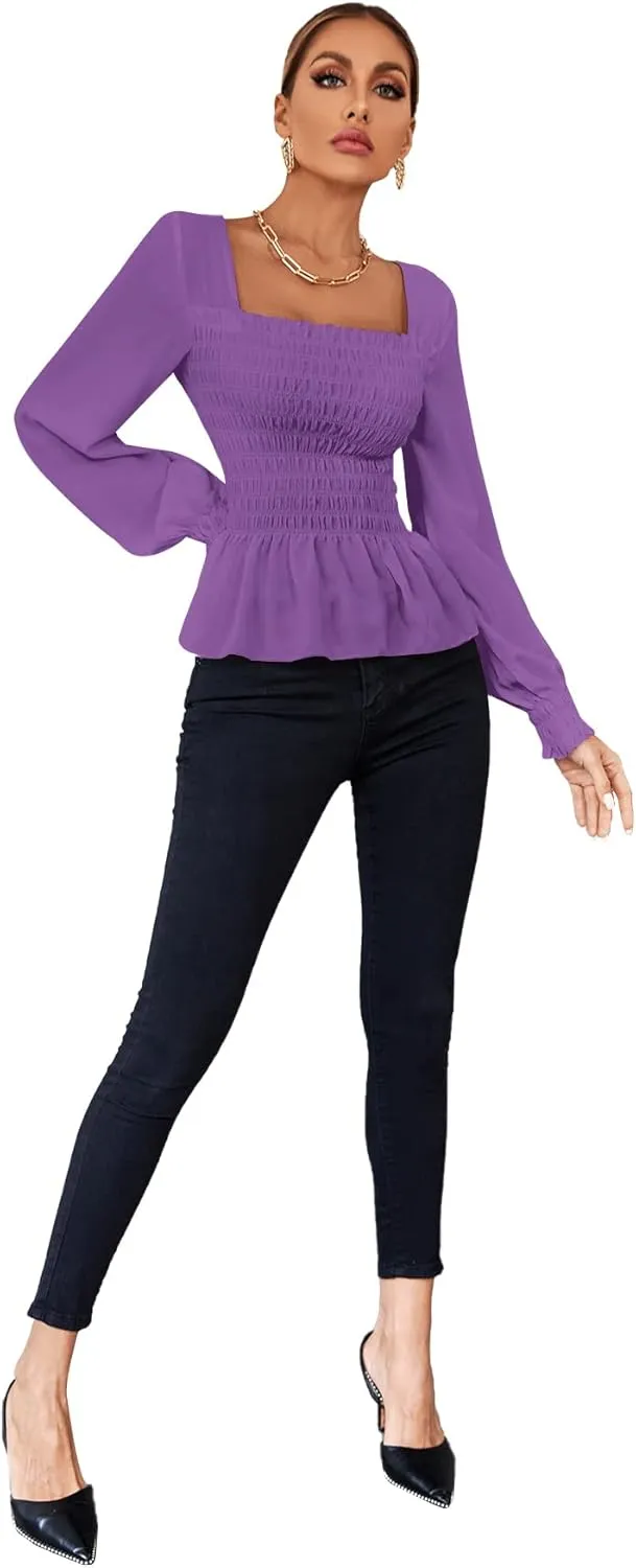 Umenlele Women's Square Neck Ruffle Frill Smocked Long Sleeve Peplum Blouse Top