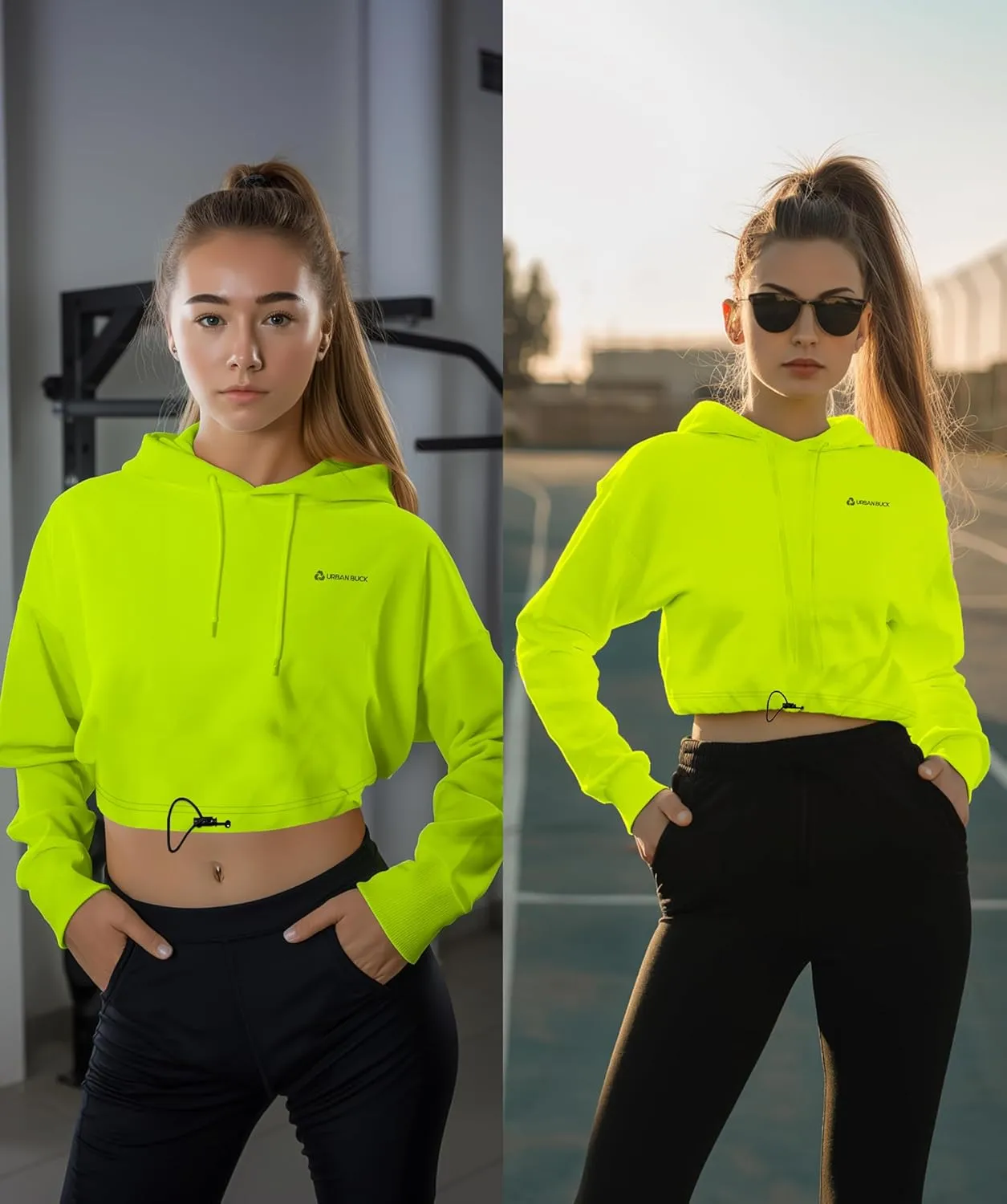 URBAN BUCK Neon Crop Top Hoodie For Women - Lightweight Long Sleeve Cropped Pullover Sweatshirt For Workout & Running