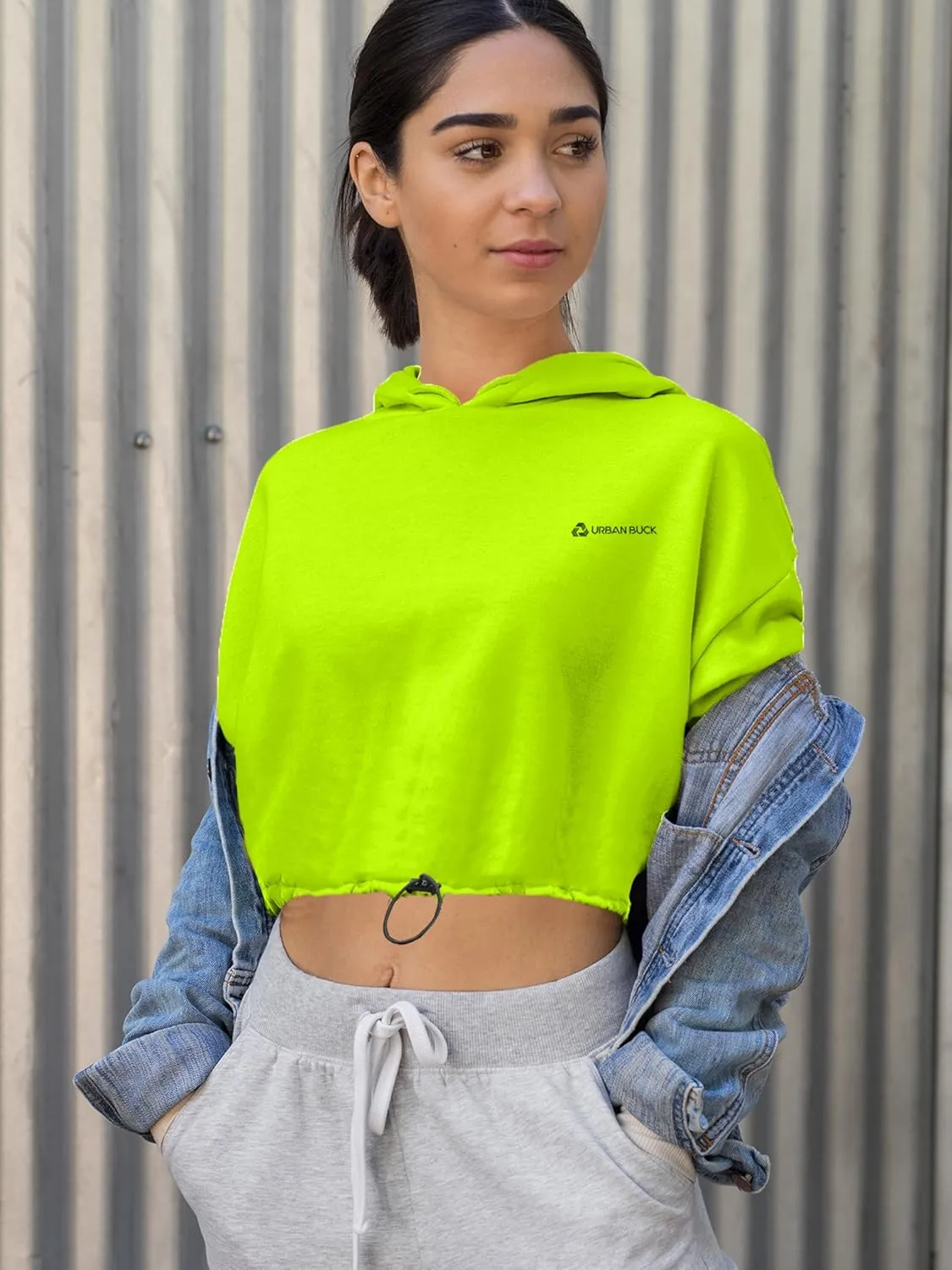 URBAN BUCK Neon Crop Top Hoodie For Women - Lightweight Long Sleeve Cropped Pullover Sweatshirt For Workout & Running