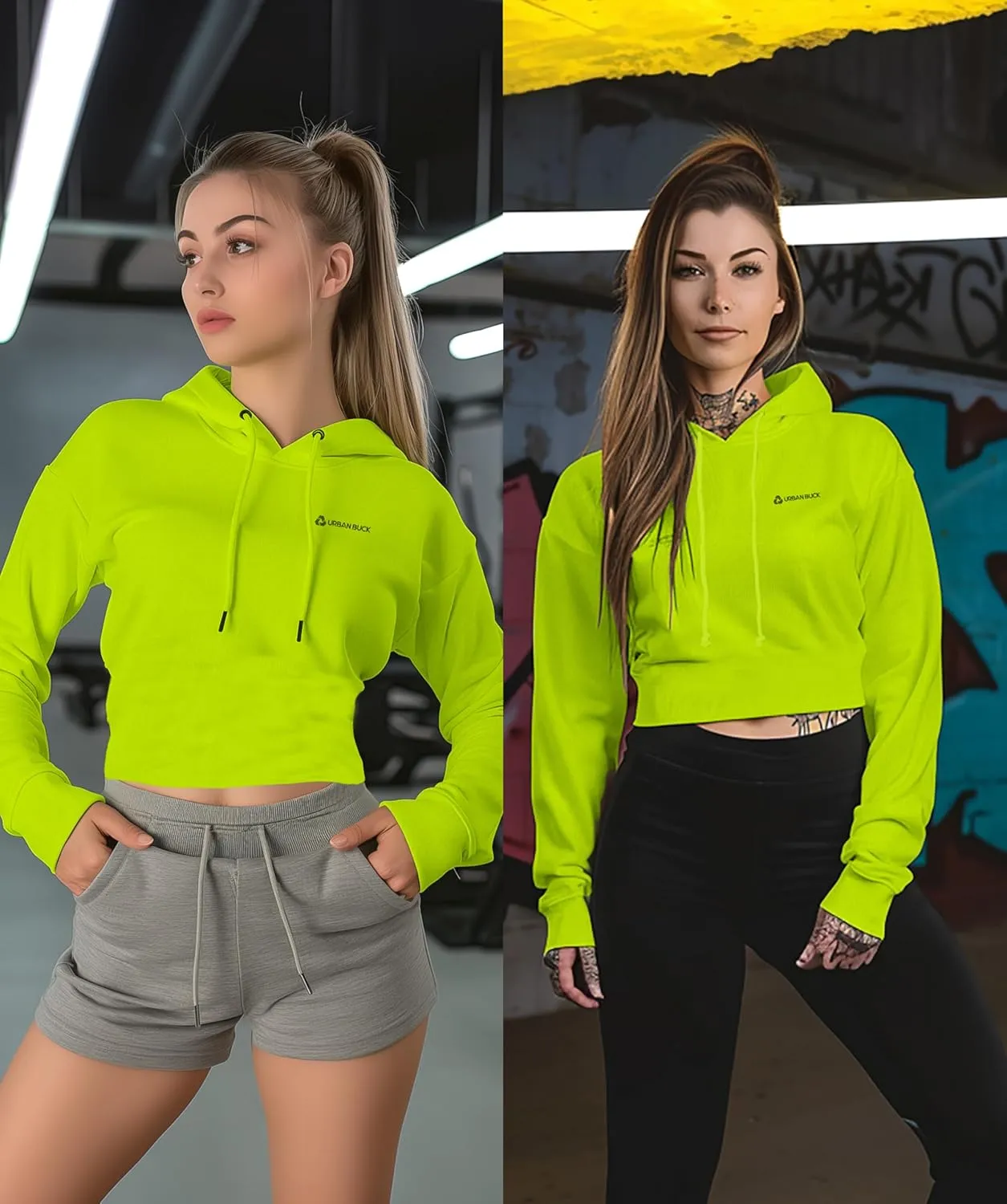URBAN BUCK Neon Crop Top Hoodie For Women - Lightweight Long Sleeve Cropped Pullover Sweatshirt For Workout & Running